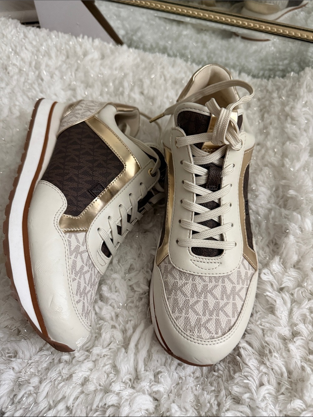 Michael Kors Cream, Brown & Gold Logo Runner Sneakers